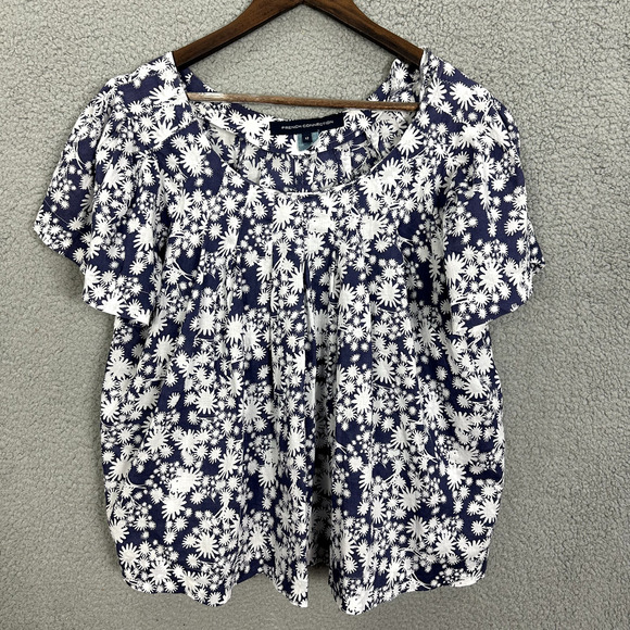 French Connection Top Womens 12‎ Blue Abstract Floral Short Sleeve Flowy Boho - Picture 1 of 6